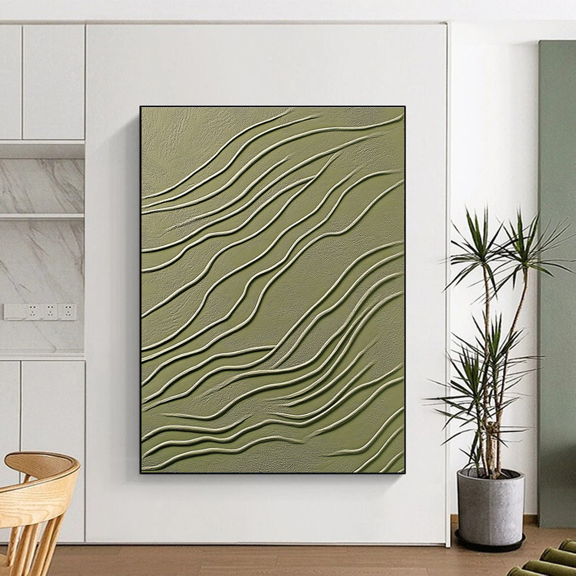 Abstract artwork featuring modern organic lines in olive green with white accents and textured details for an elegant decorative touch.STSC1359