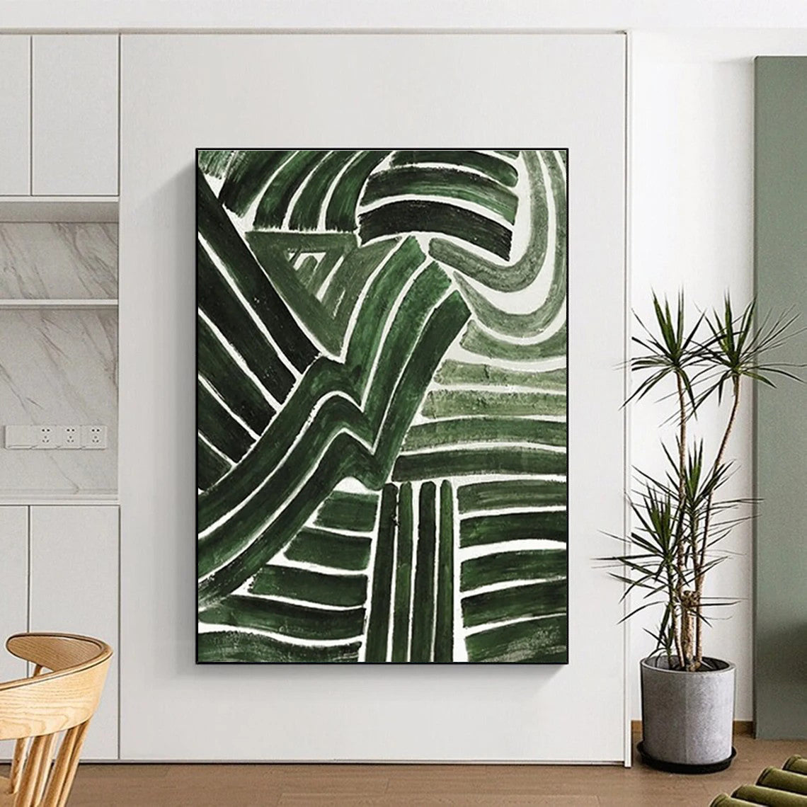 Green Curved Lines Abstract Painting with White Background ADGE492