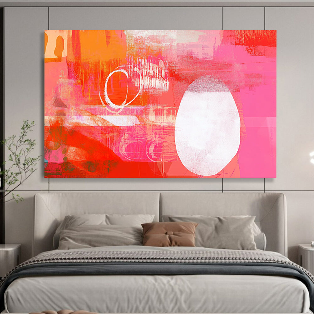 A large abstract artwork featuring a vibrant red and pink collage with energetic shapes and a striking white squiggle line, enhancing its lively composition.SC542