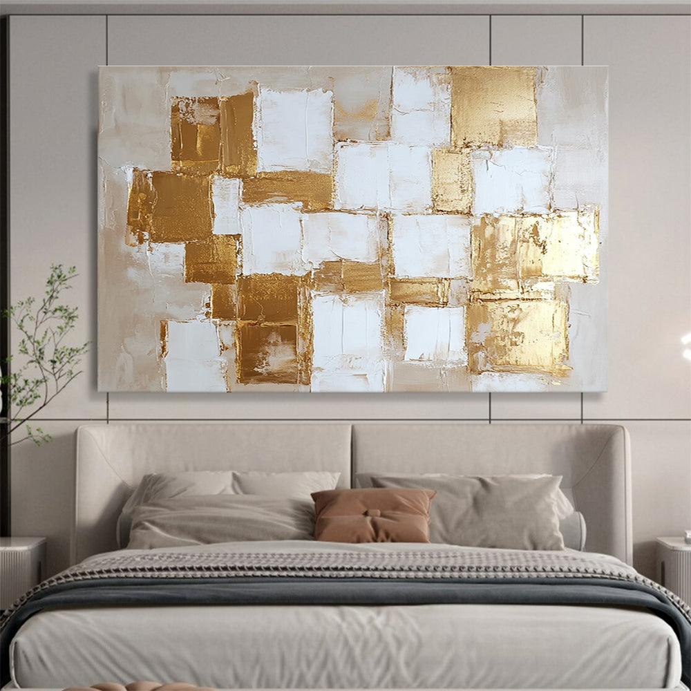 Gold and White Geometric Abstract Painting with Textured Squares DYP451