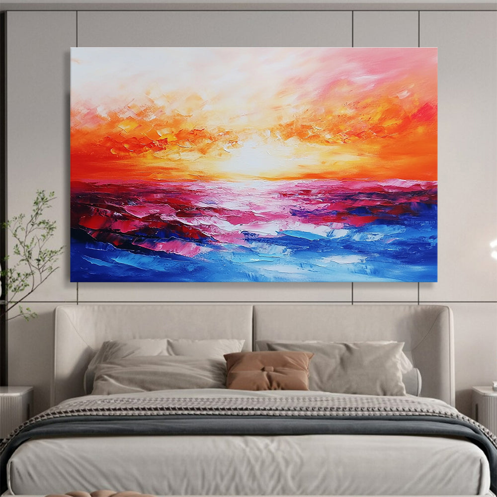 Abstract landscape painting capturing a vibrant sea at sunset with rich reds, oranges, pinks, and blues, expertly created using a palette knife technique.SC074
