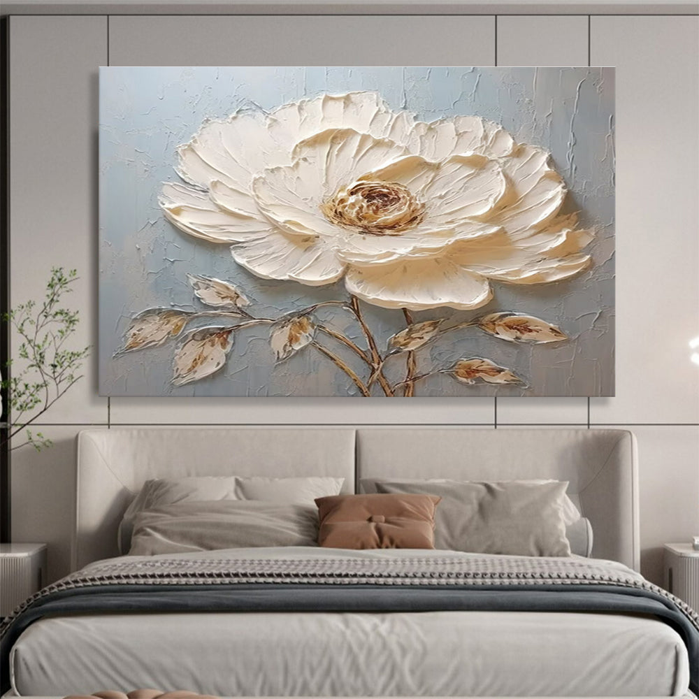 Single White Flower Abstract Painting with White, Brown, and Blue Tones THY175