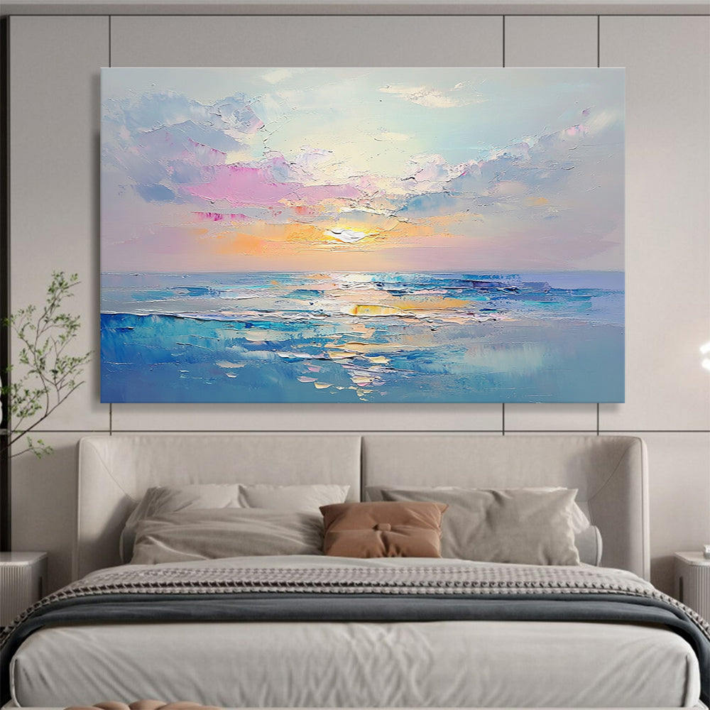 A large abstract painting capturing a tranquil sea at sunrise with pastel colors and detailed brush strokes creating a dreamy ocean landscape.SC418