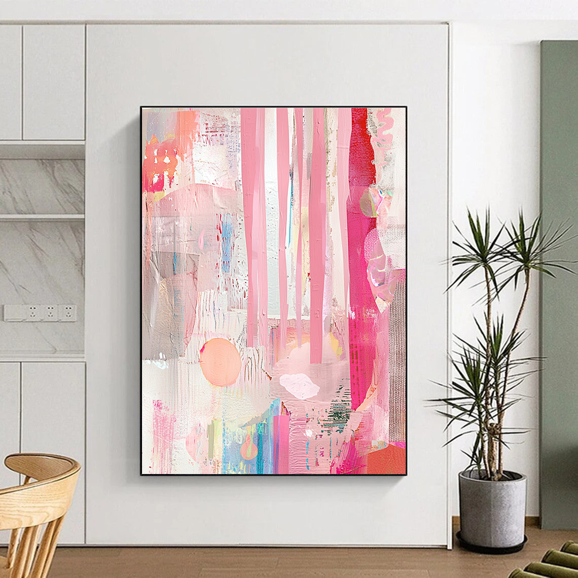 A large abstract collage featuring pink curtains and a window, adorned with soft pastel colors and minimalistic interior design details.STSC1232