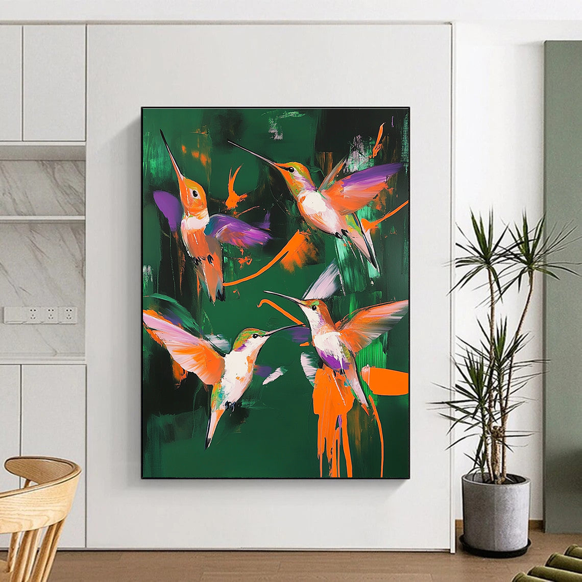 Large abstract painting featuring hummingbirds in vibrant colors with dark green background and bold brush strokes, inspired by Dorothea Tanning's surrealistic style.STSC1014