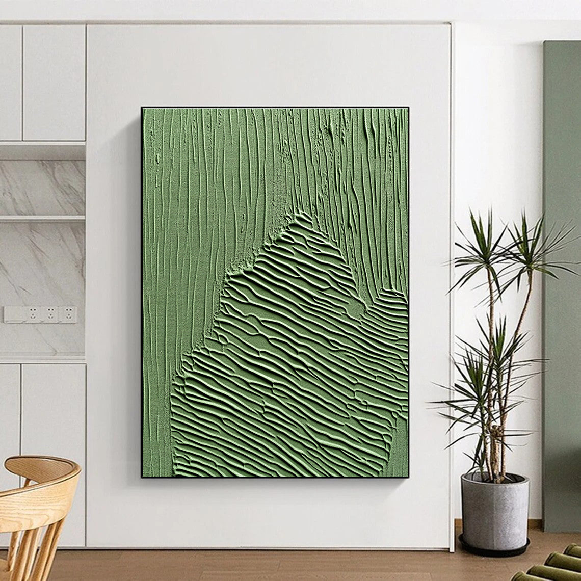 Green Textured Abstract Painting with Wavy Patterns GER062