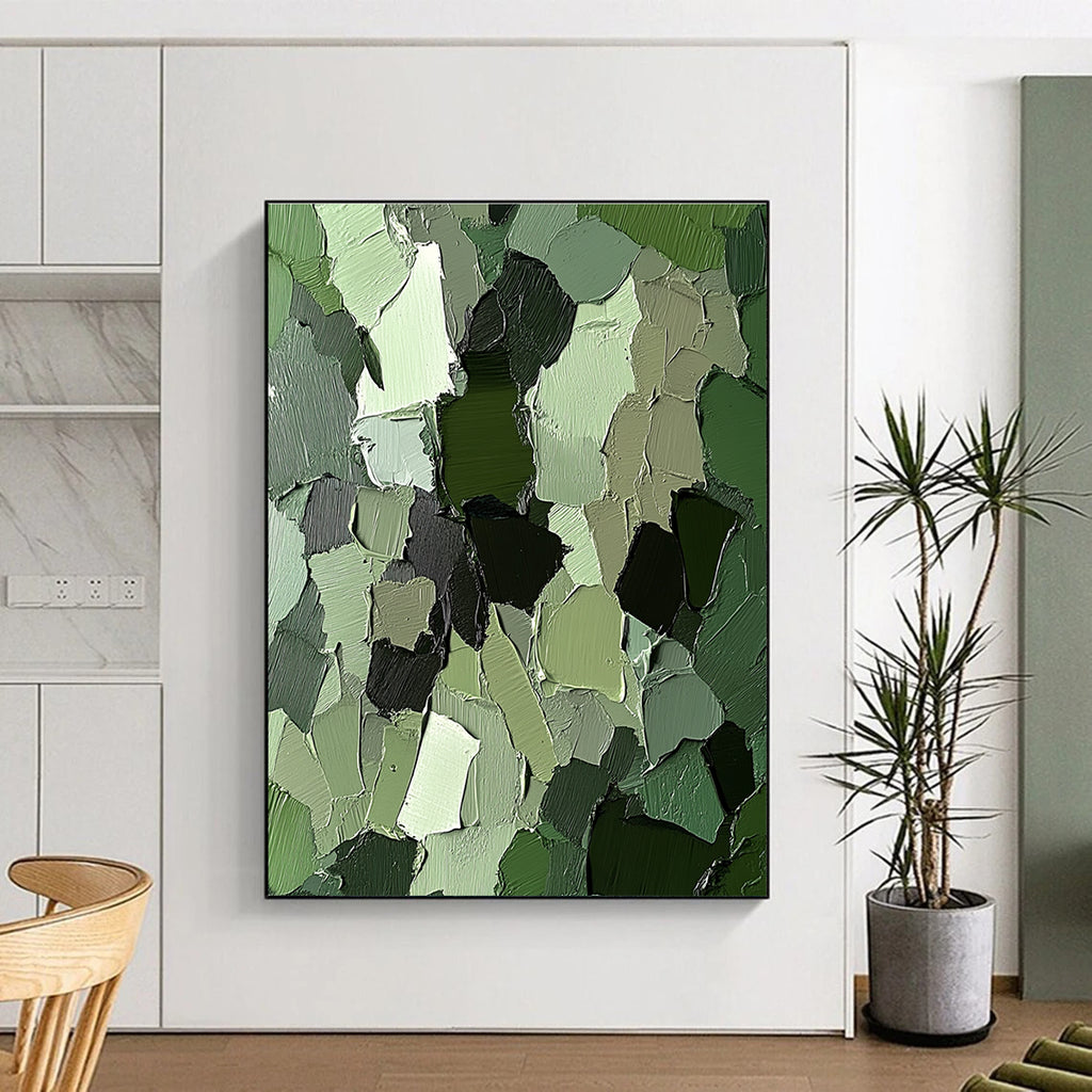 Green Patchwork Abstract Painting with Layered Shapes GER107