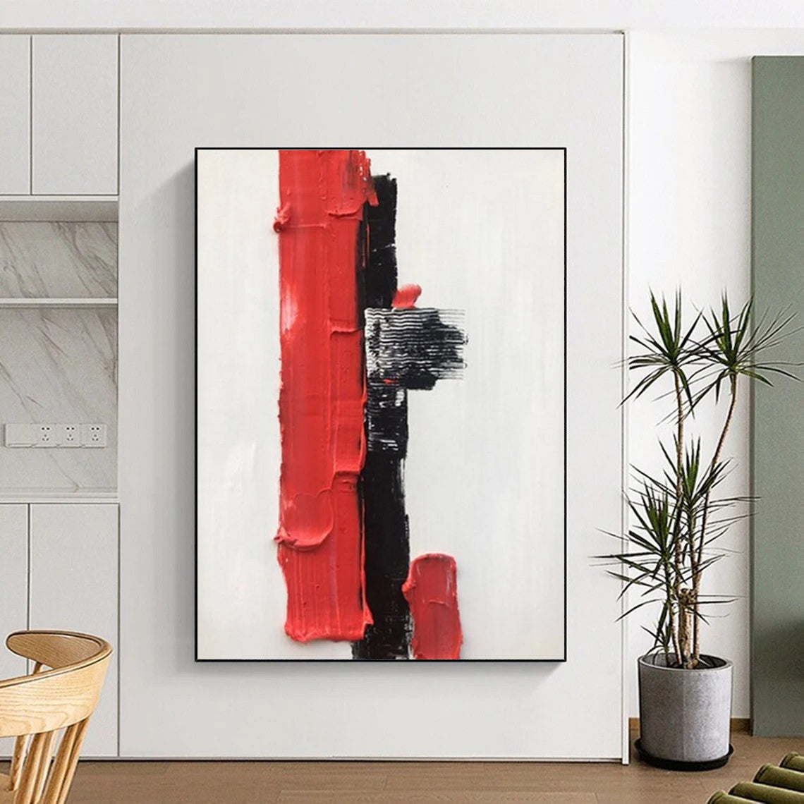 Red and Black Textured Abstract Painting with Geometric Shapes ADGE390