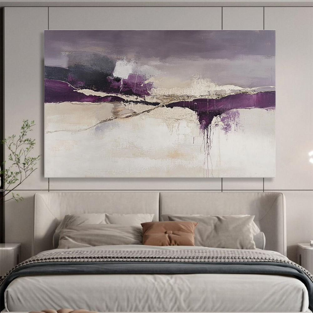 An abstract landscape features purple and beige tones with dark gray cracks in white paint, evoking a unique artistic atmosphere.SC316