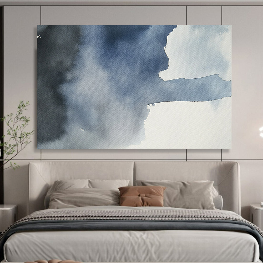 Large abstract painting featuring a gray sky over an ocean in dark blue and light gray tones, evoking serene and calm emotions.SC618