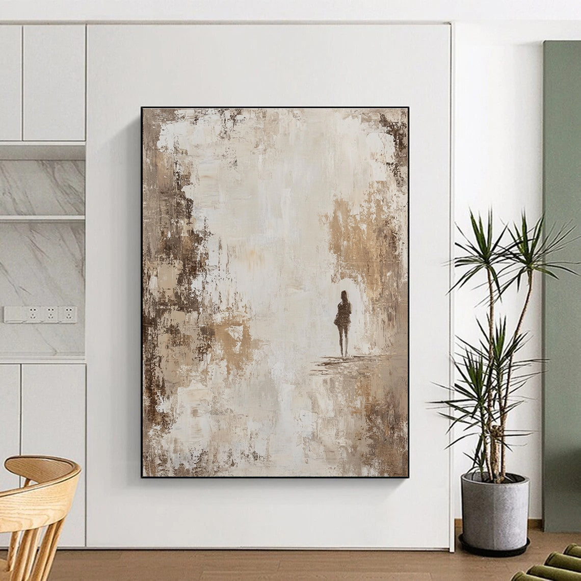 Large abstract painting featuring a beige and white distressed background with neutral tones that add a vintage feel and subtle elegance to any space.STSC905