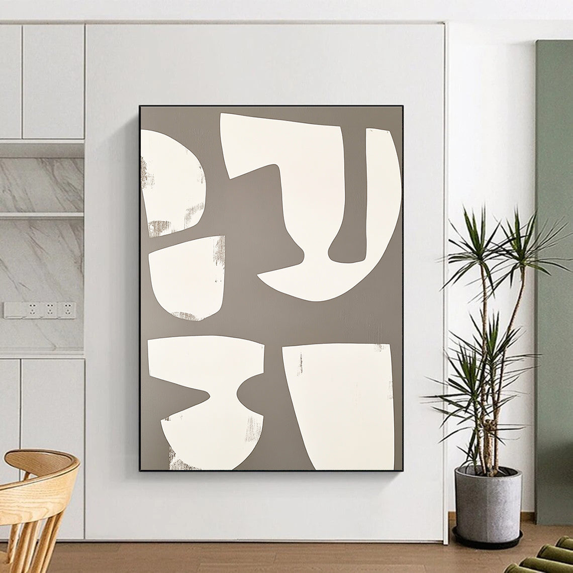 Large abstract artwork featuring white shapes on a grey background inspired by minimalist cubist style reminiscent of Henri Matisse.STSC1491