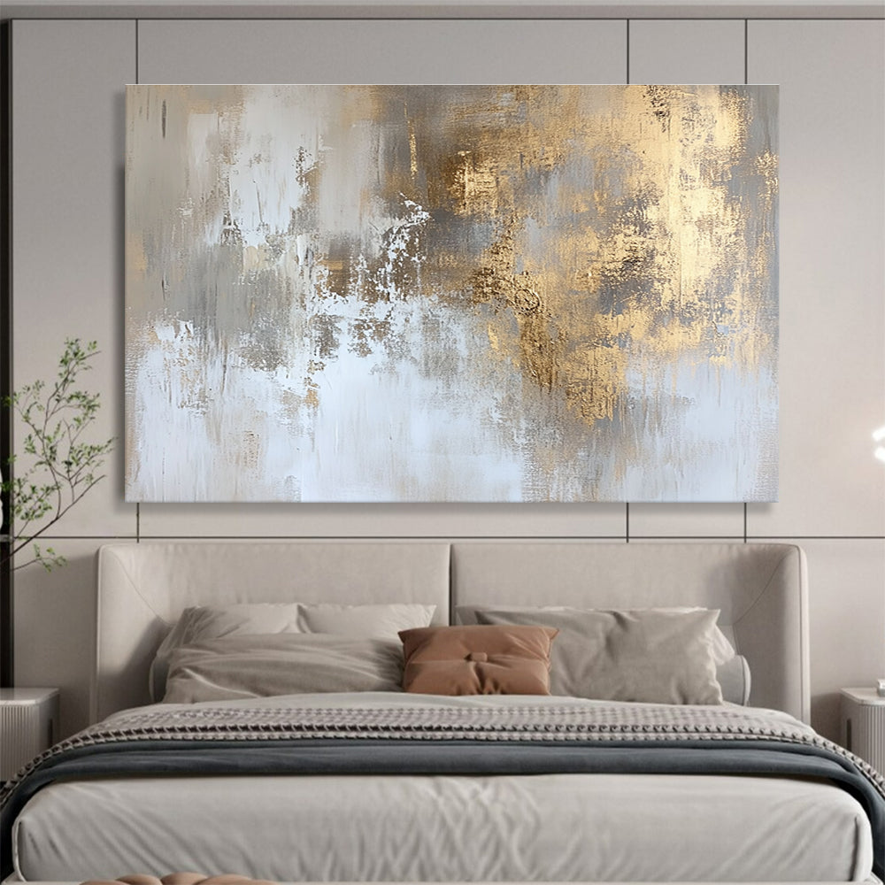 Abstract painting with faded gold and white hues featuring distressed textures and subtle gradients for elegant wall art and interior design.SC234