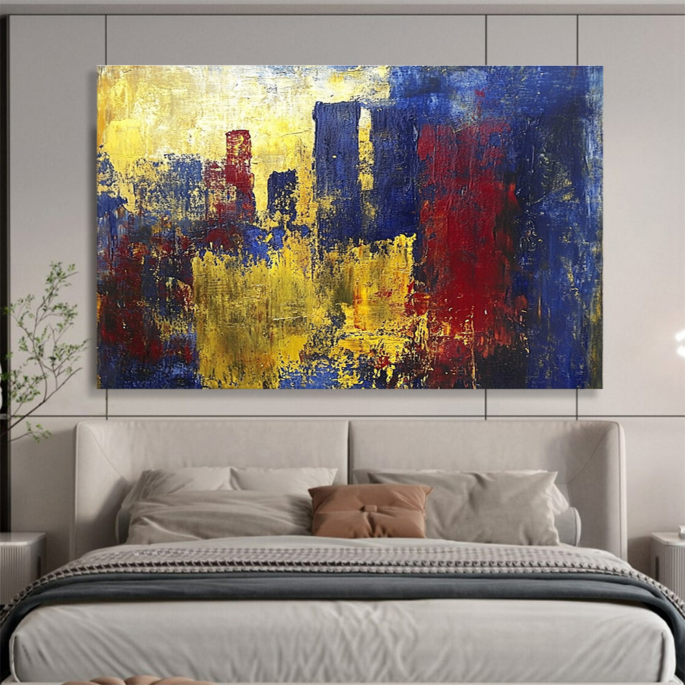 A large abstract painting inspired by J.M.W. Turner and Picasso featuring vibrant yellow blue and red hues with heavy brush strokes and dynamic textures.SC357