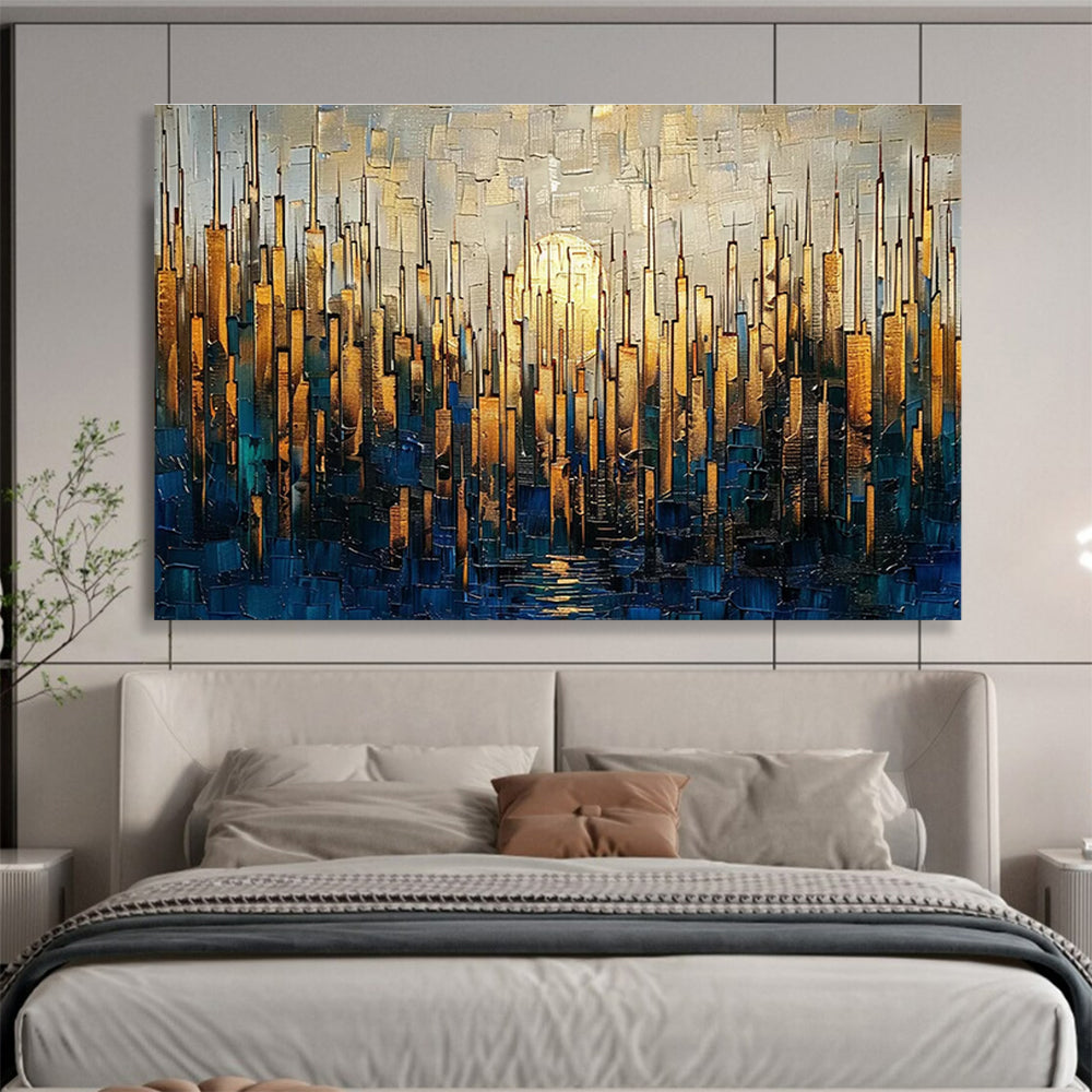 Golden City Skyline Abstract Painting with Gold, Blue, and Grey Tones THY172