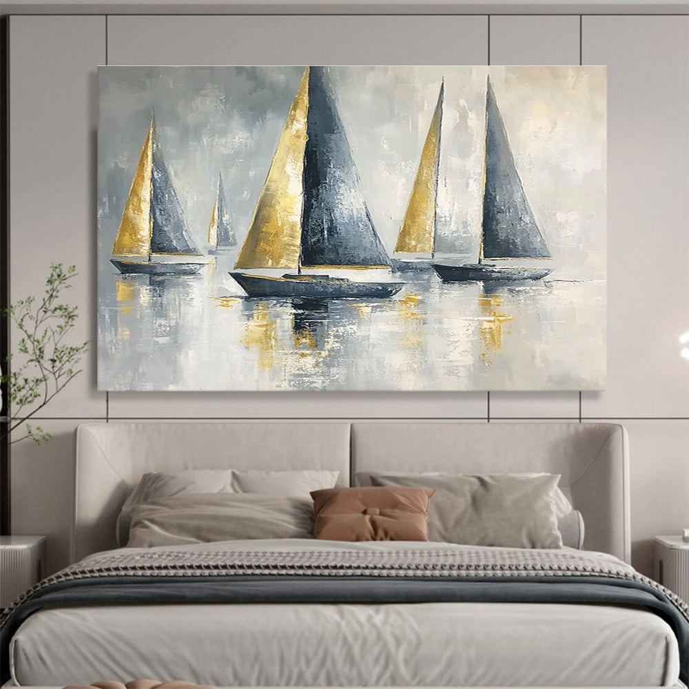 Gold and Gray Sailboats Elegant Abstract Painting with Metallic Accents DYP607
