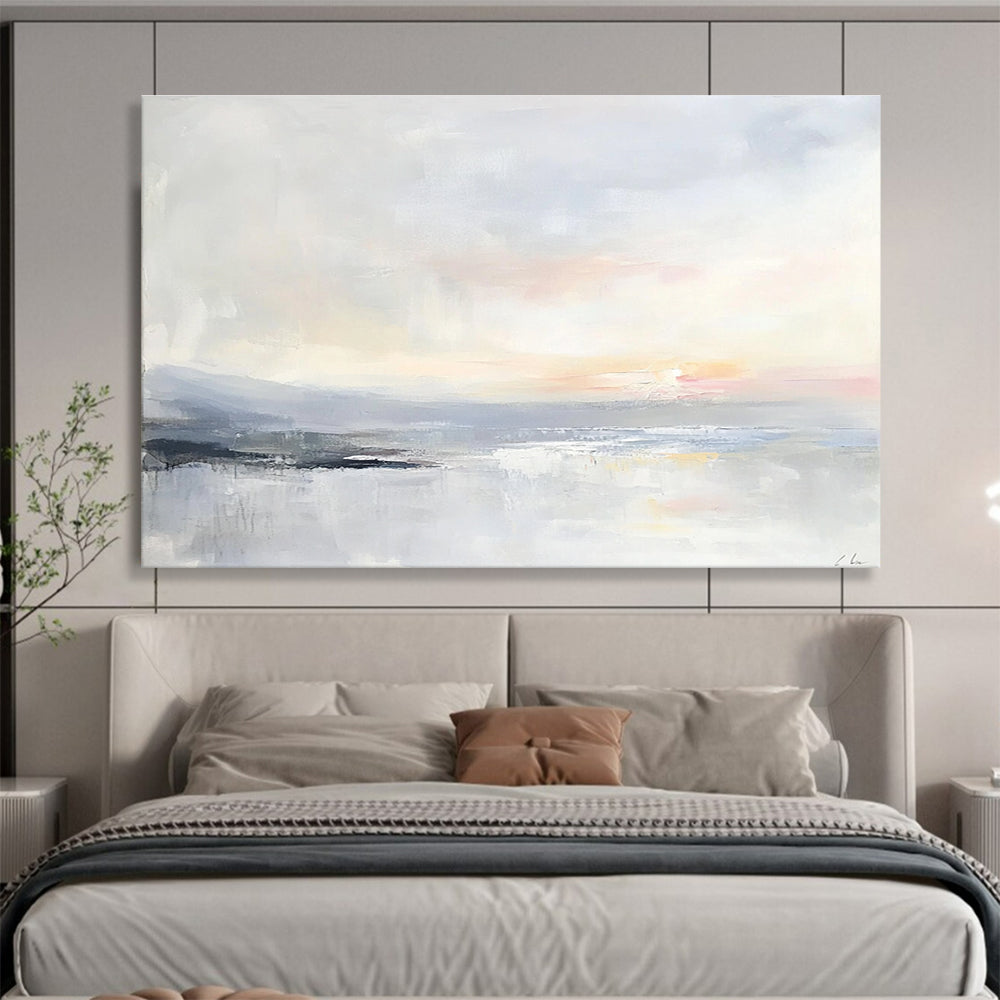 Large abstract painting of a serene ocean landscape in soft pastels with visible brush strokes and a tranquil sunrise over calm waters.SC161