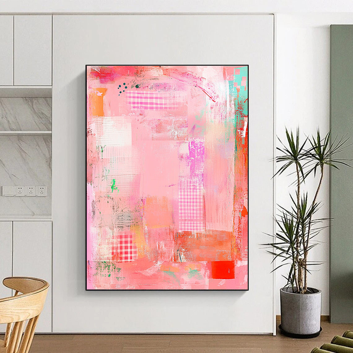 Large abstract painting featuring a pink background with whimsical patterns soft textures and a playful border creating a sense of artistic freedom.STSC830