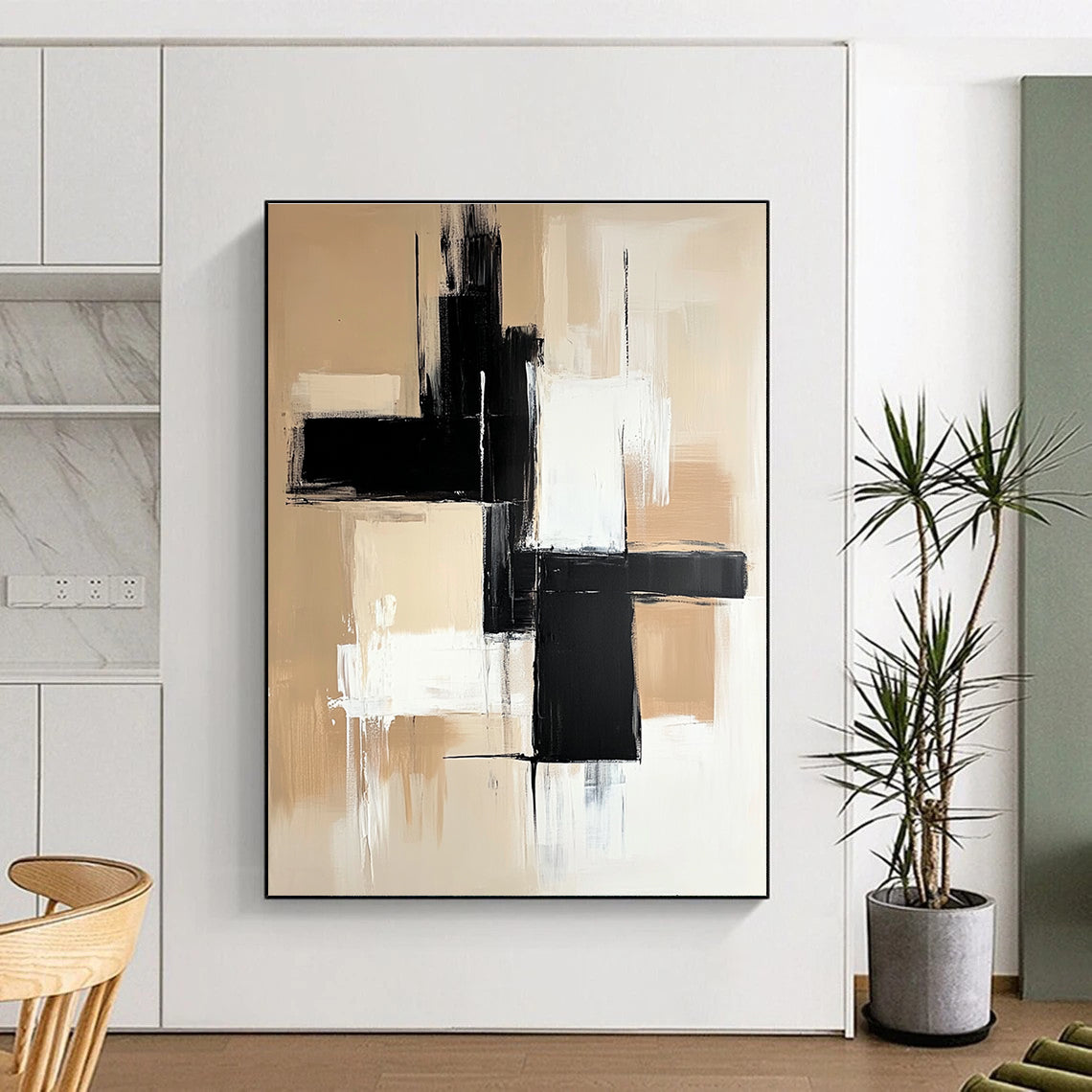 Beige Black Cross Abstract Painting with Bold Combinations GER803