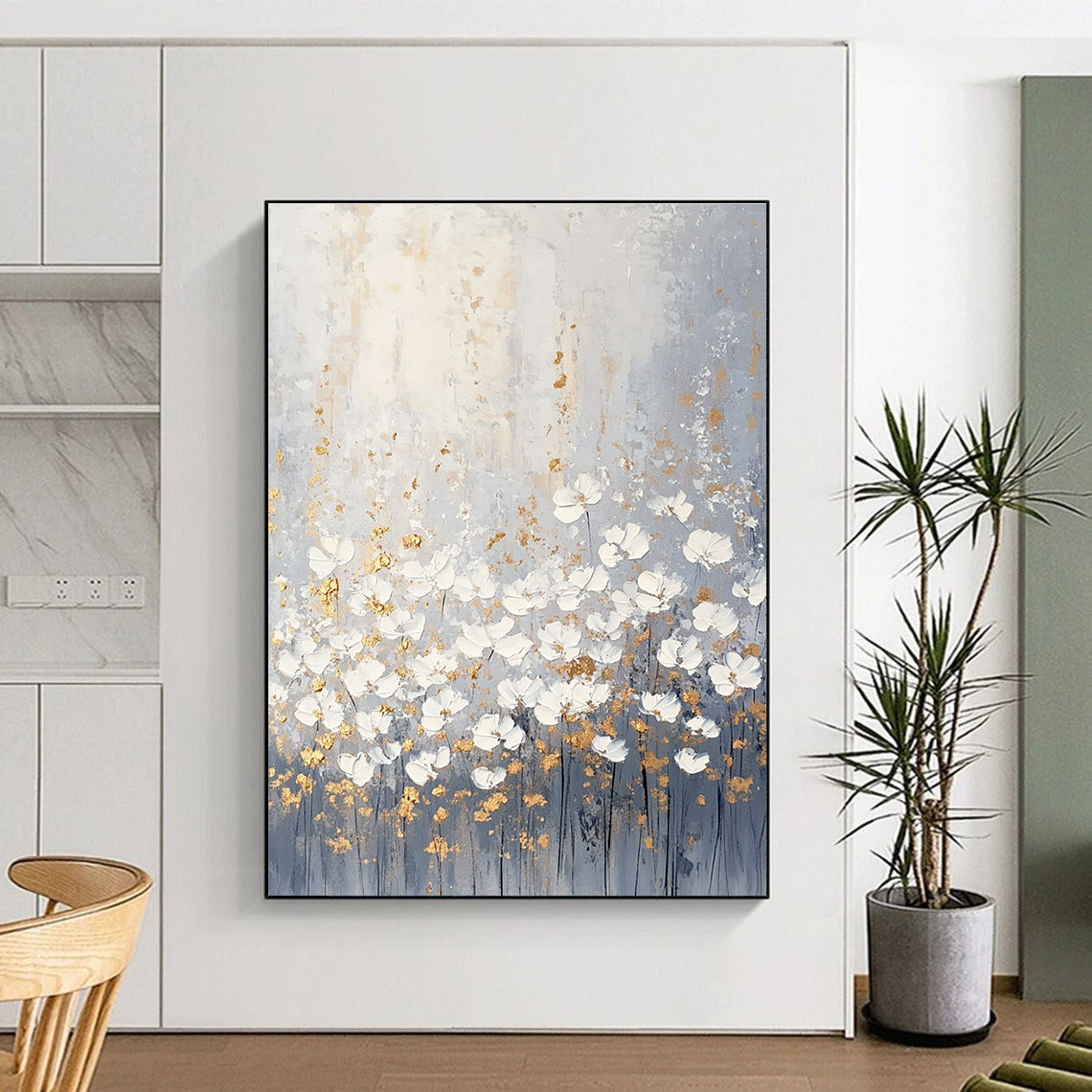 Large abstract painting of light gray and white wildflowers with muted colors and gold accents in a boho style.STSC318