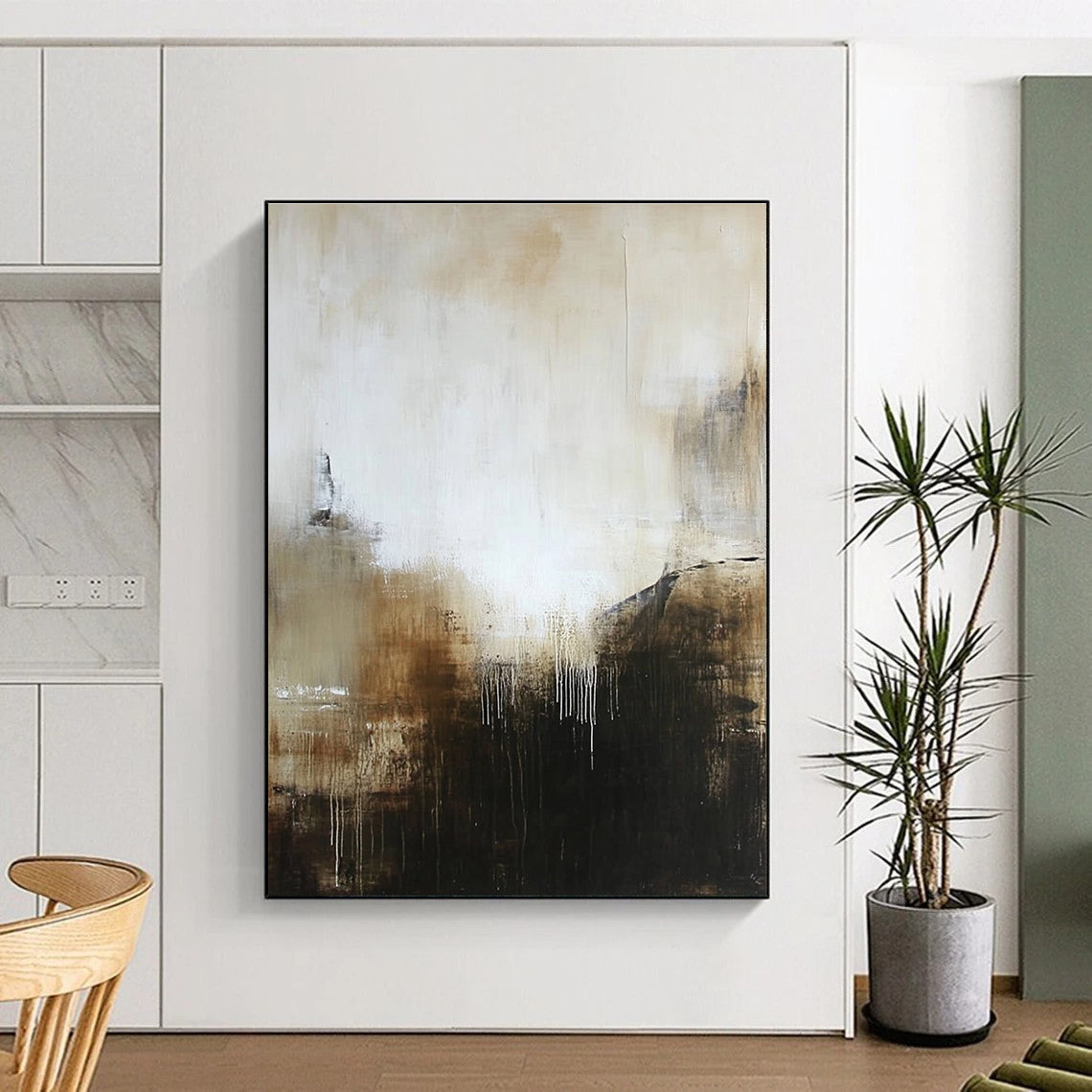 Large abstract painting in muted white and brown tones with black hints offering a mysterious and inviting atmosphere with textured layers.STSC618