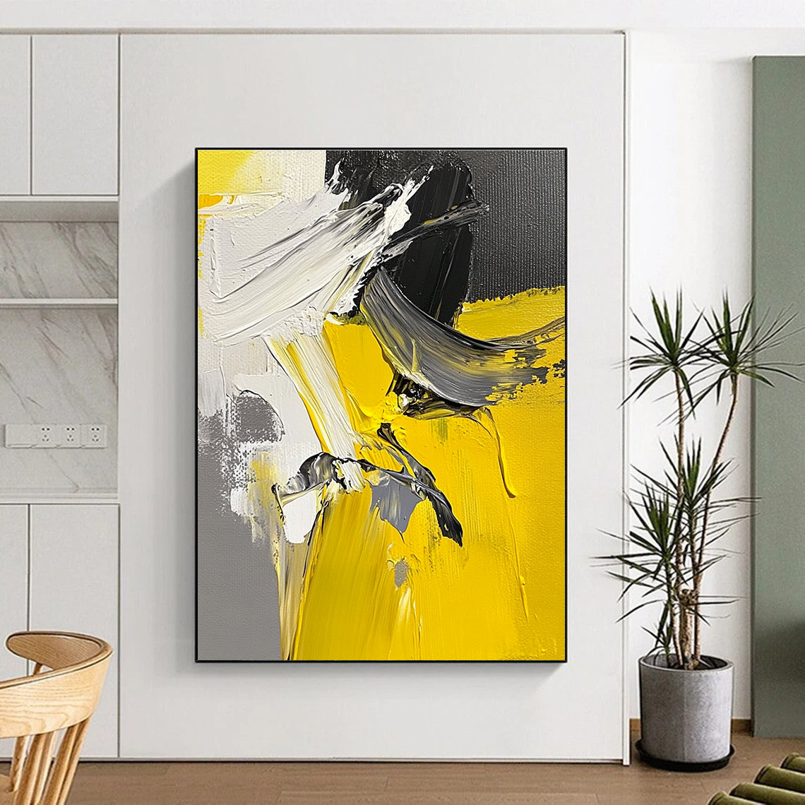 Yellow Gray and White Abstract Painting with Thick Impasto GER552