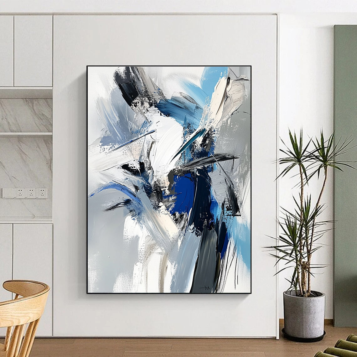 Large abstract painting featuring a dynamic human figure in white blue and gray with textured brushstrokes and a dark mood.STSC717