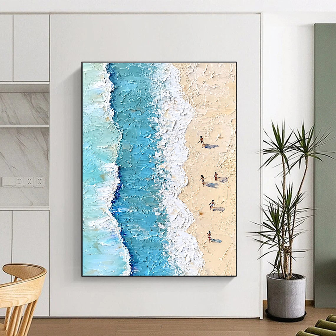 Large Abstract Painting Featuring Soft Pastel Colors Depicting Aerial Beach Scene With People Swimming Ocean Waves And Gentle Sand.STSC854