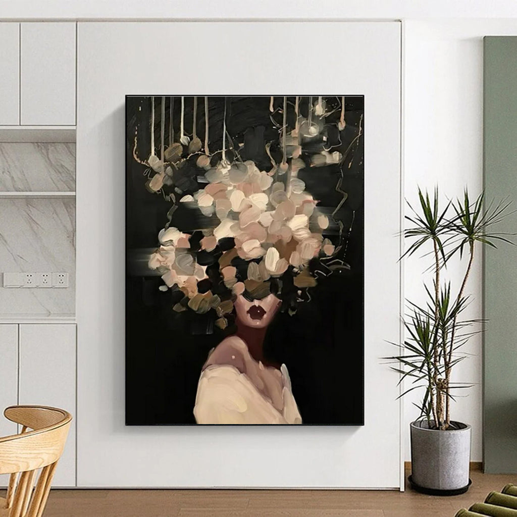 Blush Flower Head Woman Abstract Painting on Dark Background ADGE326