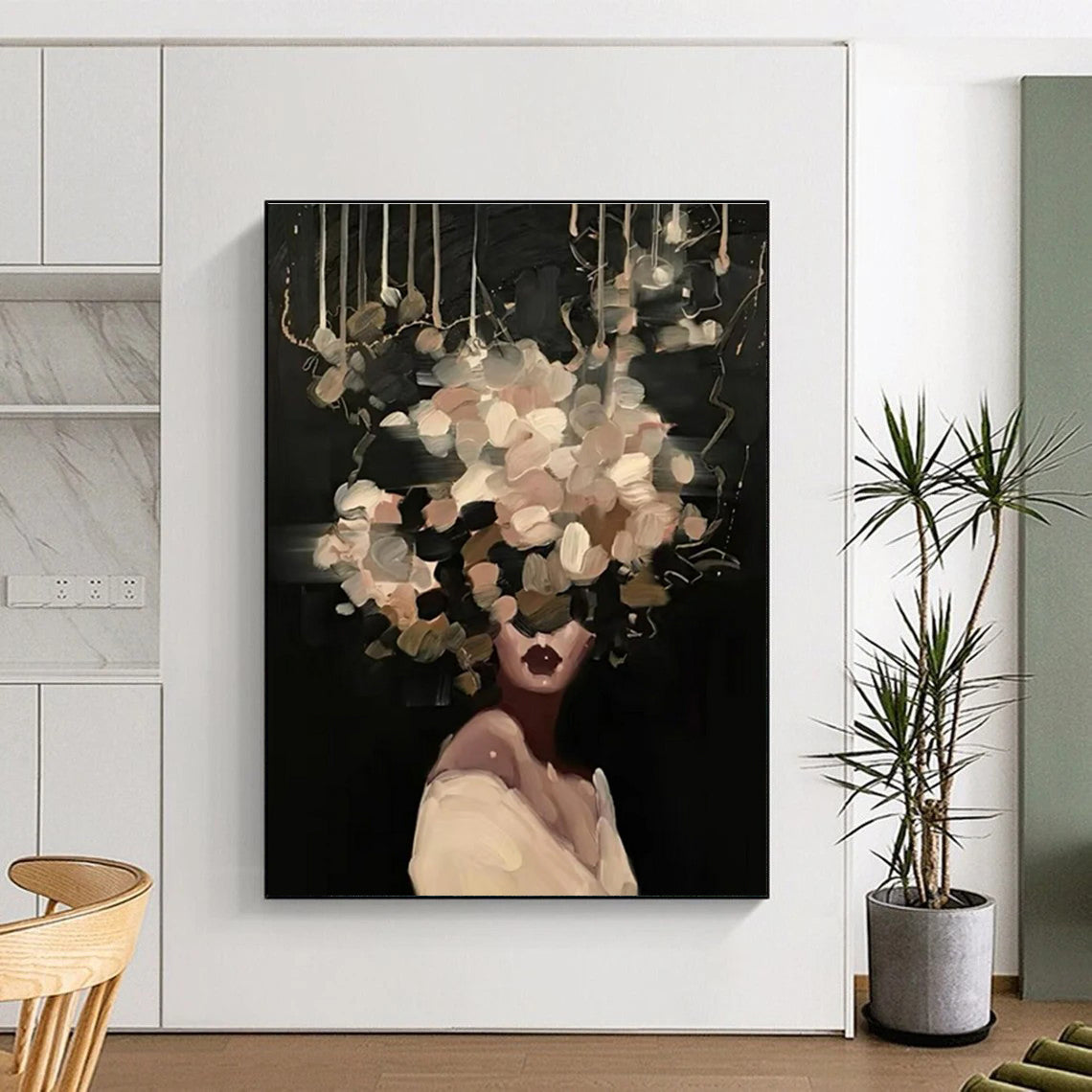 Blush Flower Head Woman Abstract Painting on Dark Background ADGE326