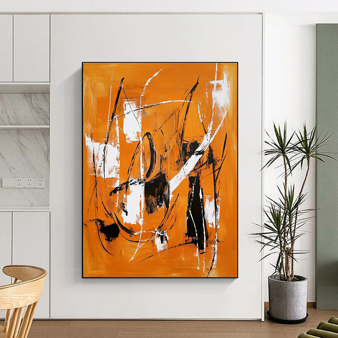 Orange and Black Abstract Painting with Energetic Line Work GER659
