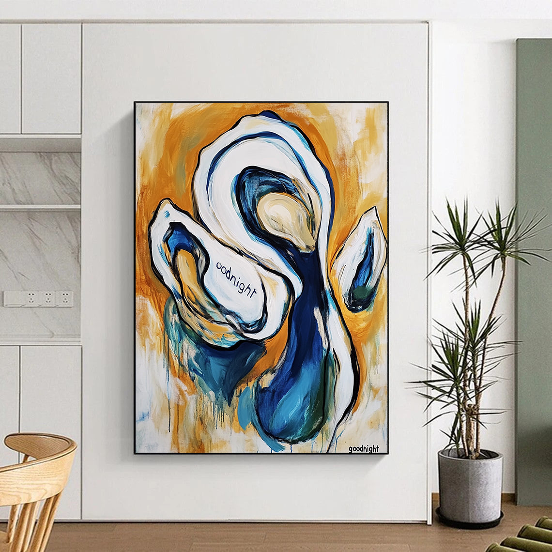 Large abstract painting of an oyster featuring the word goodnight in white and blue warm colors thick brush strokes and joyful scenes of dogs.STSC272