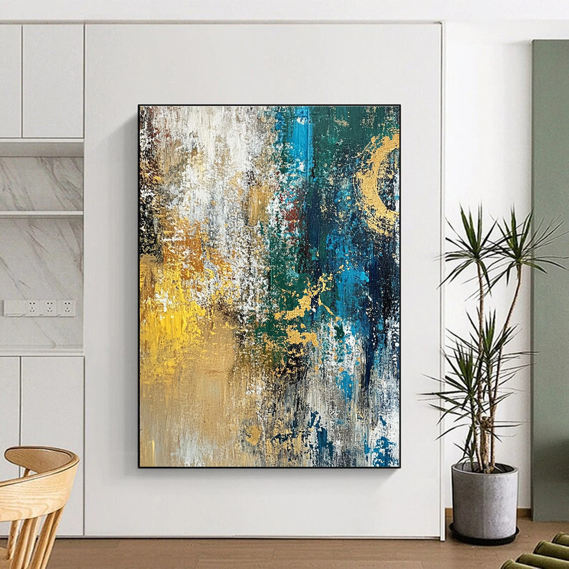Gold Teal and White Abstract Painting with Textured Gold GER686