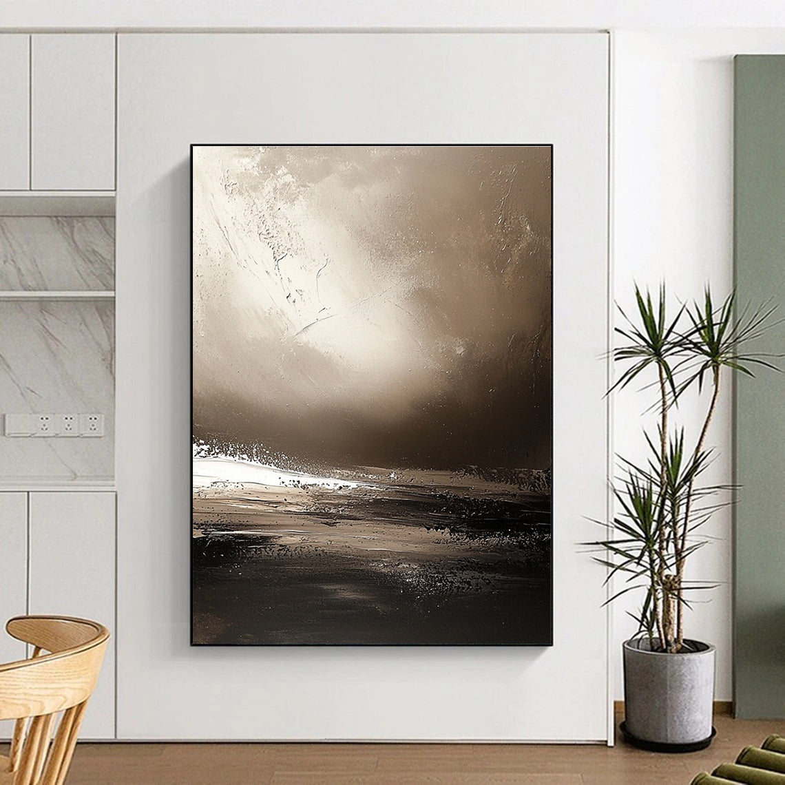 Large abstract painting showcasing Earth's horizon in sepia tones with textured brushstrokes creating a calming atmosphere and distant landscapes.STSC646