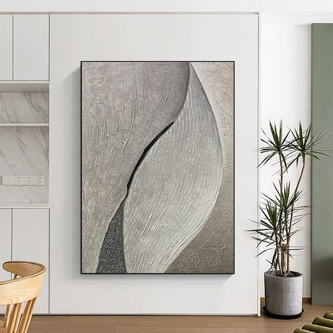 Textured Gray Abstract Painting with Leaf - like Forms ADGE517