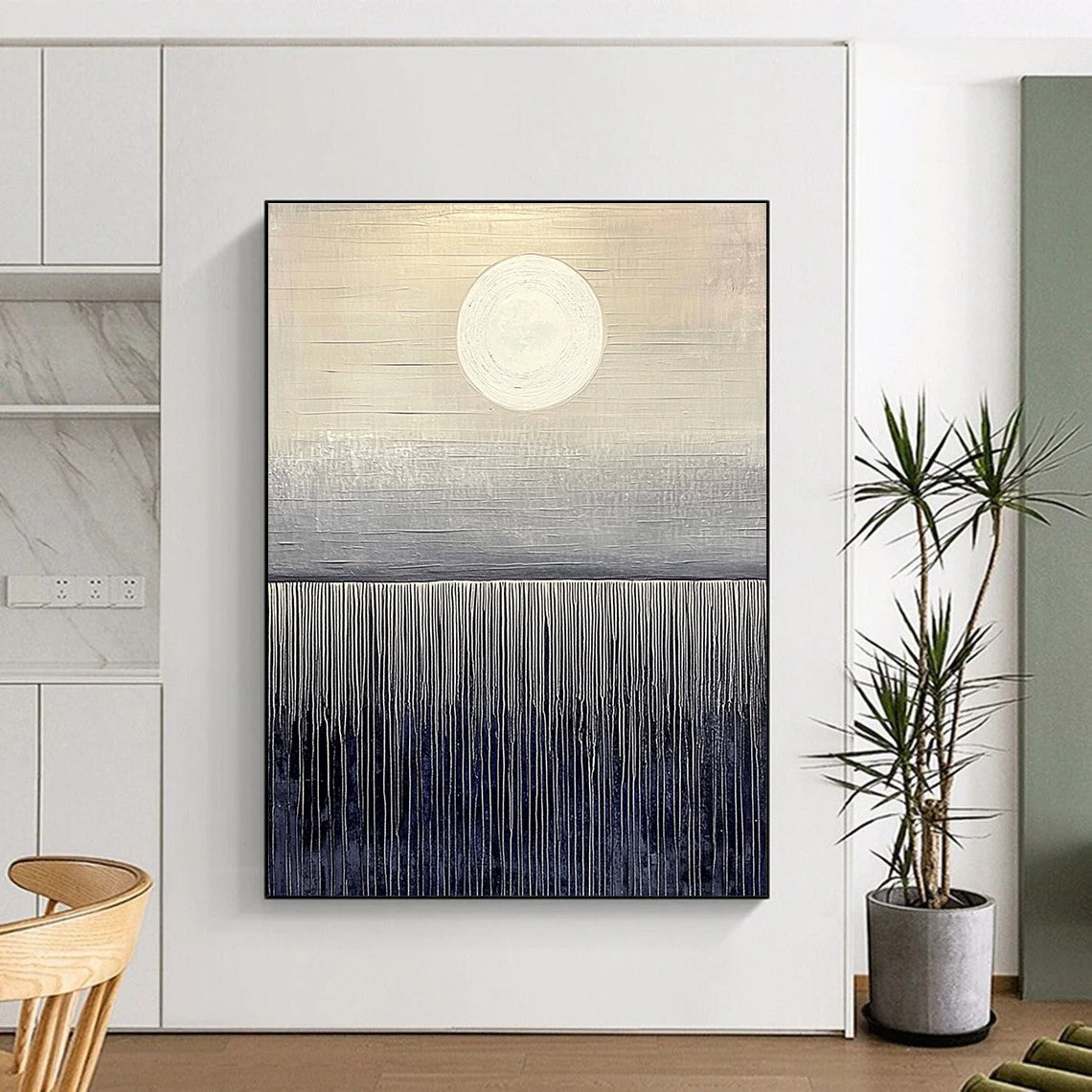 Large abstract painting featuring dark gray and light beige hues with a serene sunrise over a deep sea horizon on canvas board.STSC1030