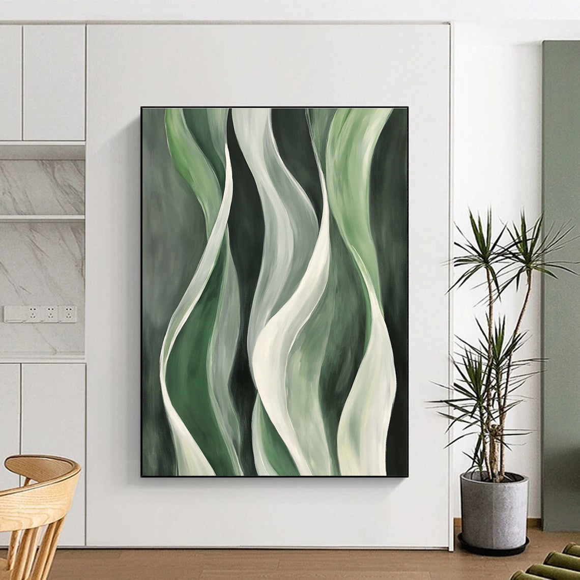 Green and White Wavy Abstract Painting on Dark Green GER241