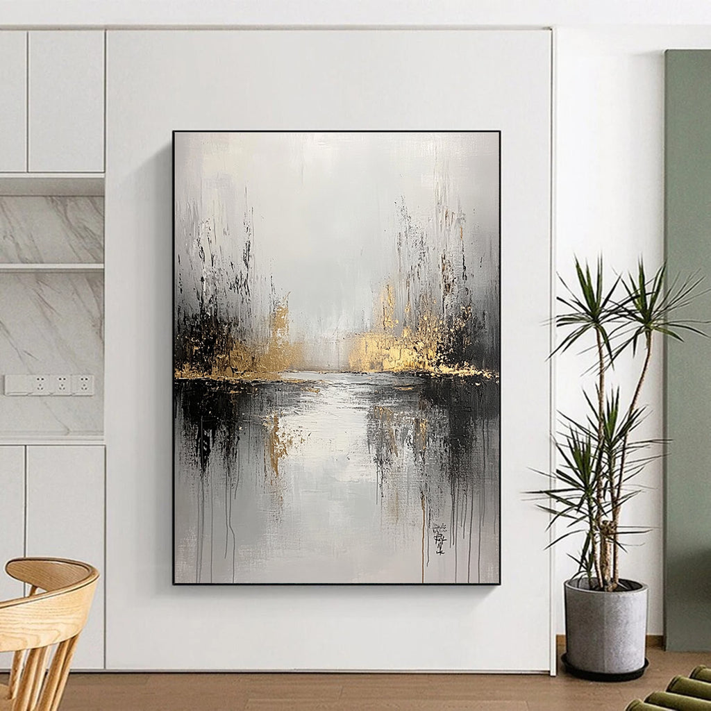 Large abstract painting featuring a gray and white background with gold accents and soft edges evoking tranquility and solitude through layers and distant foliage.STSC396