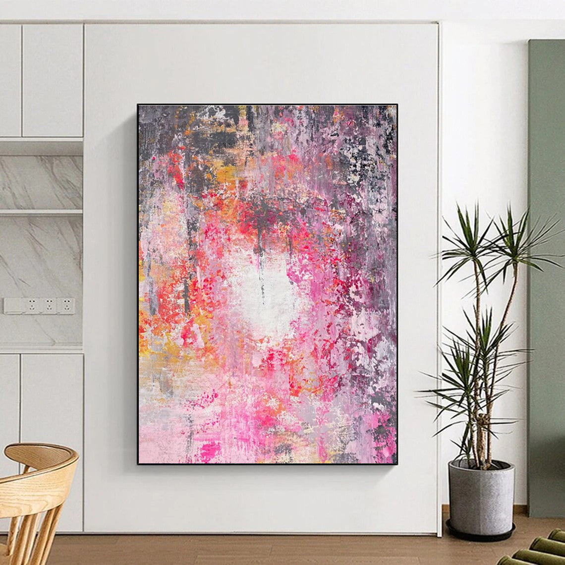 Pink - Gray Abstract Painting with Vibrant Splashes ADGE470