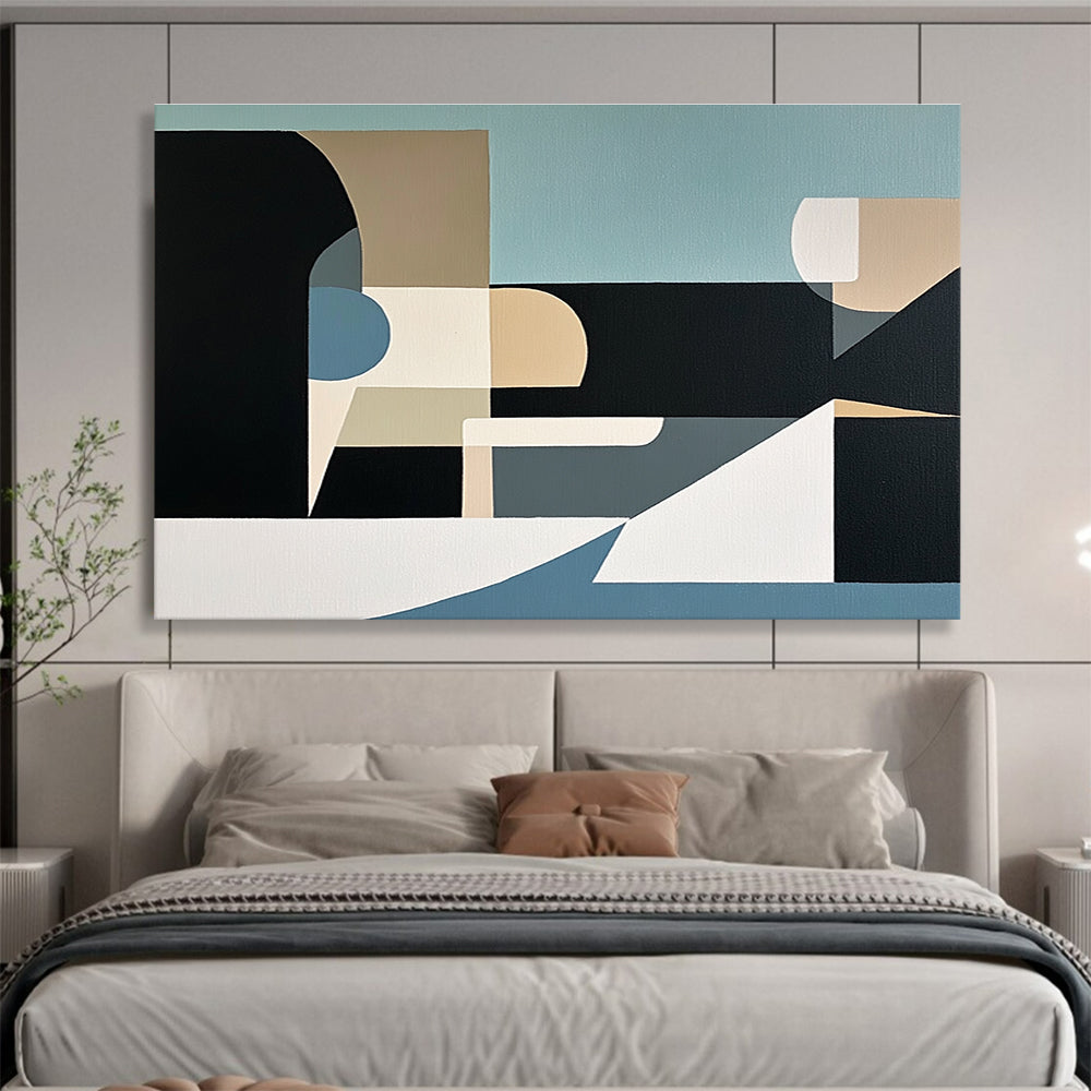 An abstract painting featuring geometric shapes and organic forms in muted tones of light blue black grey beige and white.SC512
