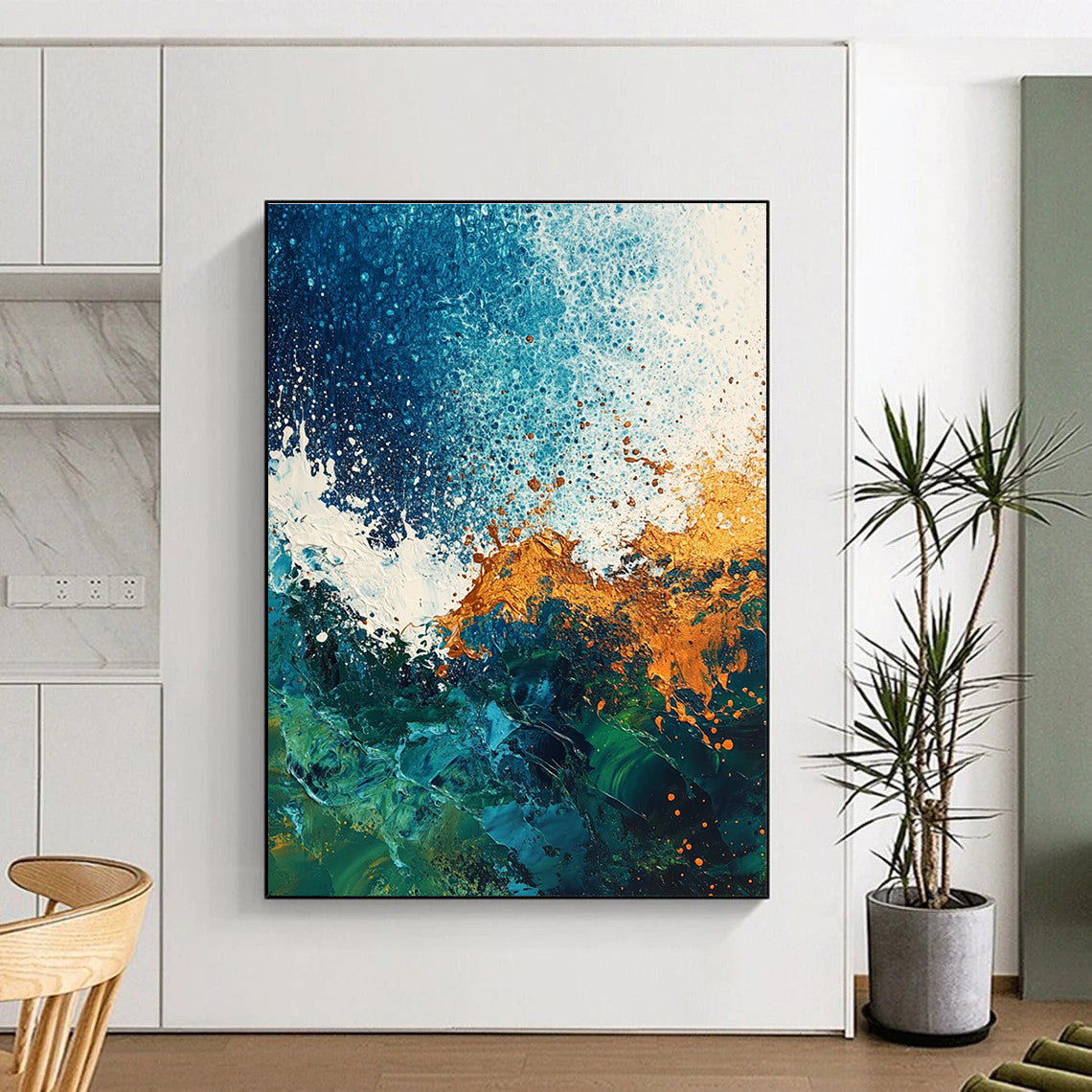 Large abstract painting of ocean waves featuring a textured mix of blues greens and rust colors against a dark blue white green and brown background.STSC324