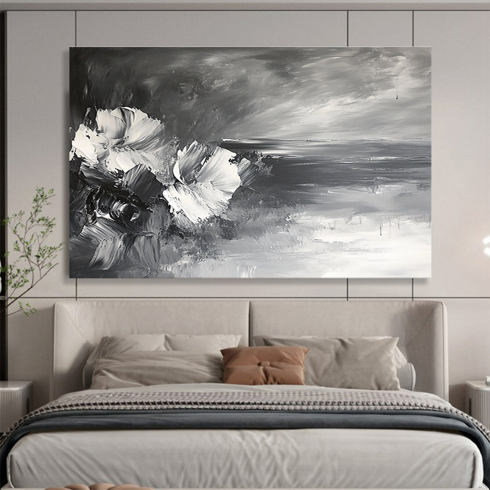 Black and White Flower and Sea Abstract Painting with Impasto Technique DYP177