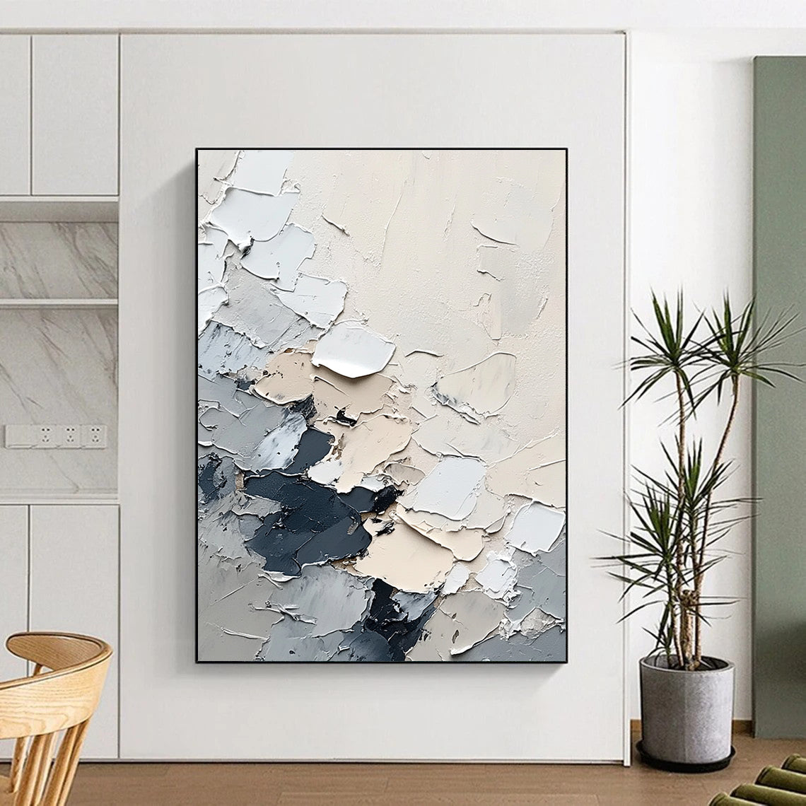Large abstract painting of snow in grey and white with depth and texture created using a palette knife and a bird's-eye view perspective.STSC567