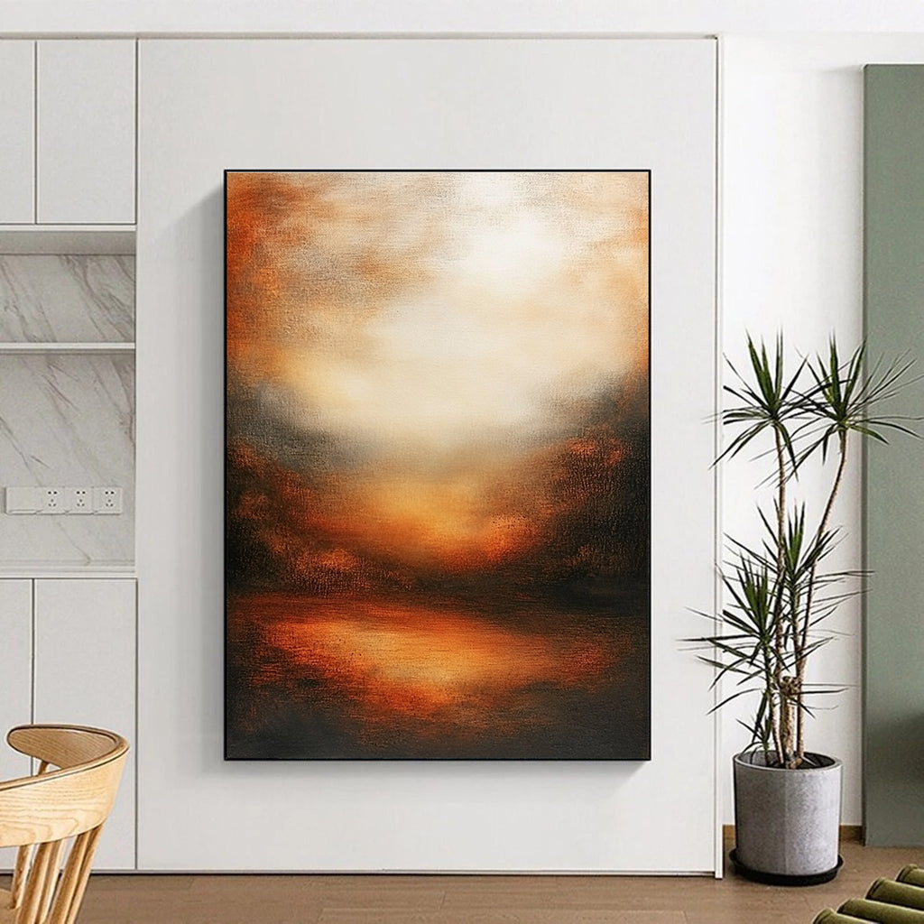 Large abstract oil painting featuring an atmospheric sunset with muted earth tones deep oranges and soft shadows evoking tranquility and harmony.STSC146