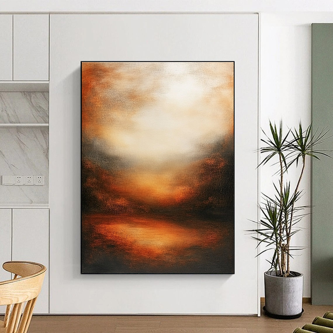 Large abstract oil painting featuring an atmospheric sunset with muted earth tones deep oranges and soft shadows evoking tranquility and harmony.STSC146