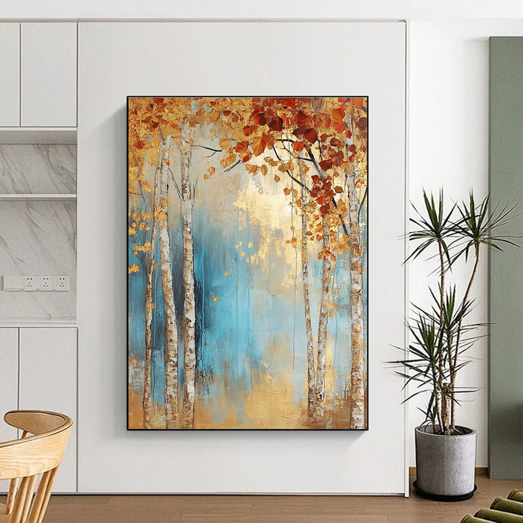 Large abstract painting of birch trees in autumn leaves with light blue and gold tones on a textured canvas.STSC301