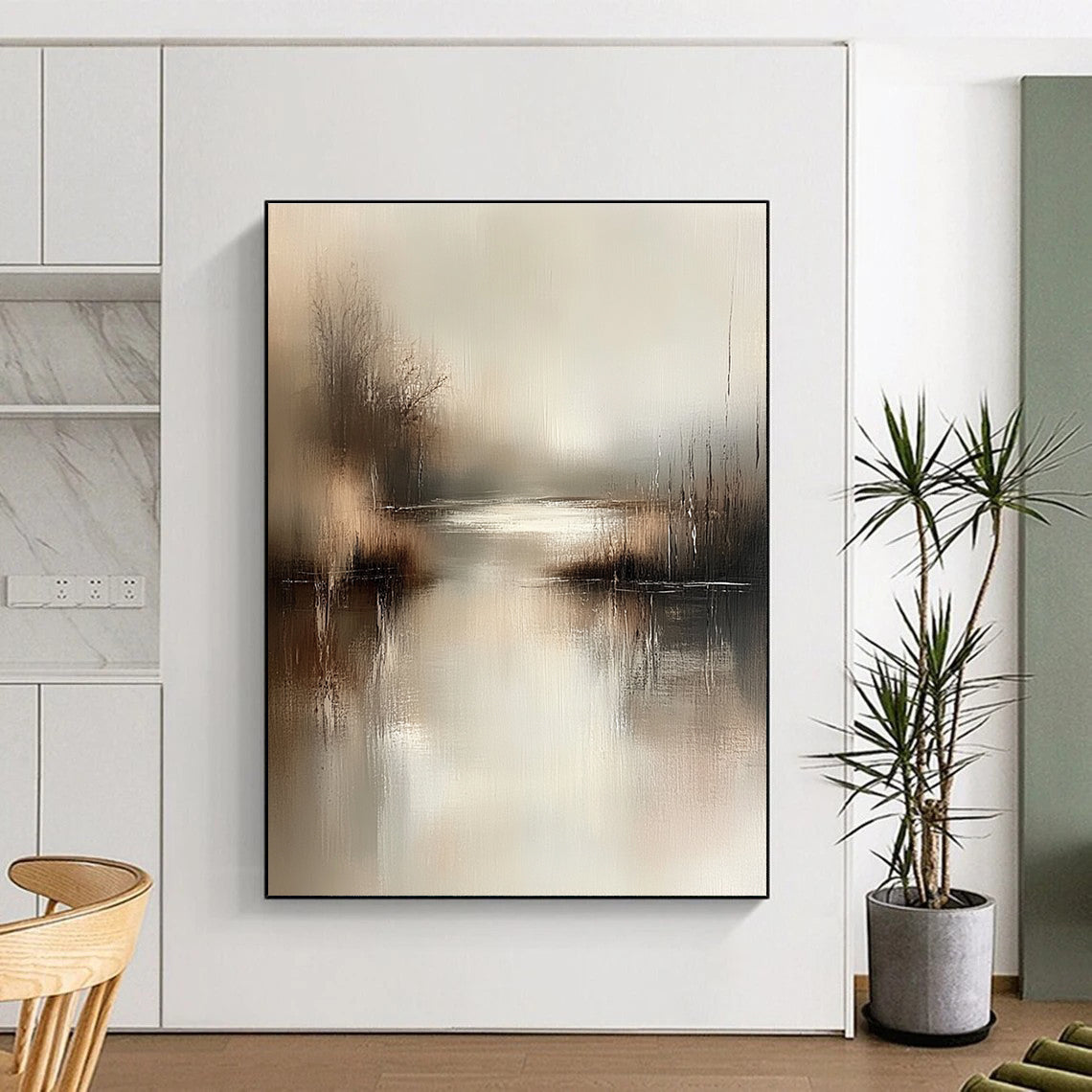 Large abstract painting in muted beige and grey tones captures serene water's edge with gentle brushstrokes evoking tranquility and calmness in any setting.STSC078