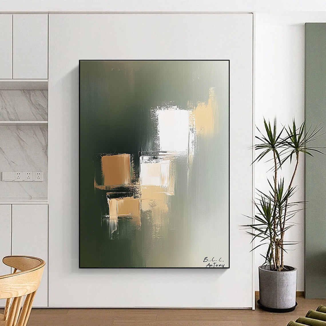 Large abstract painting featuring beige and white blocks on a soft green background with minimalist style by B.C. Antony.STSC212