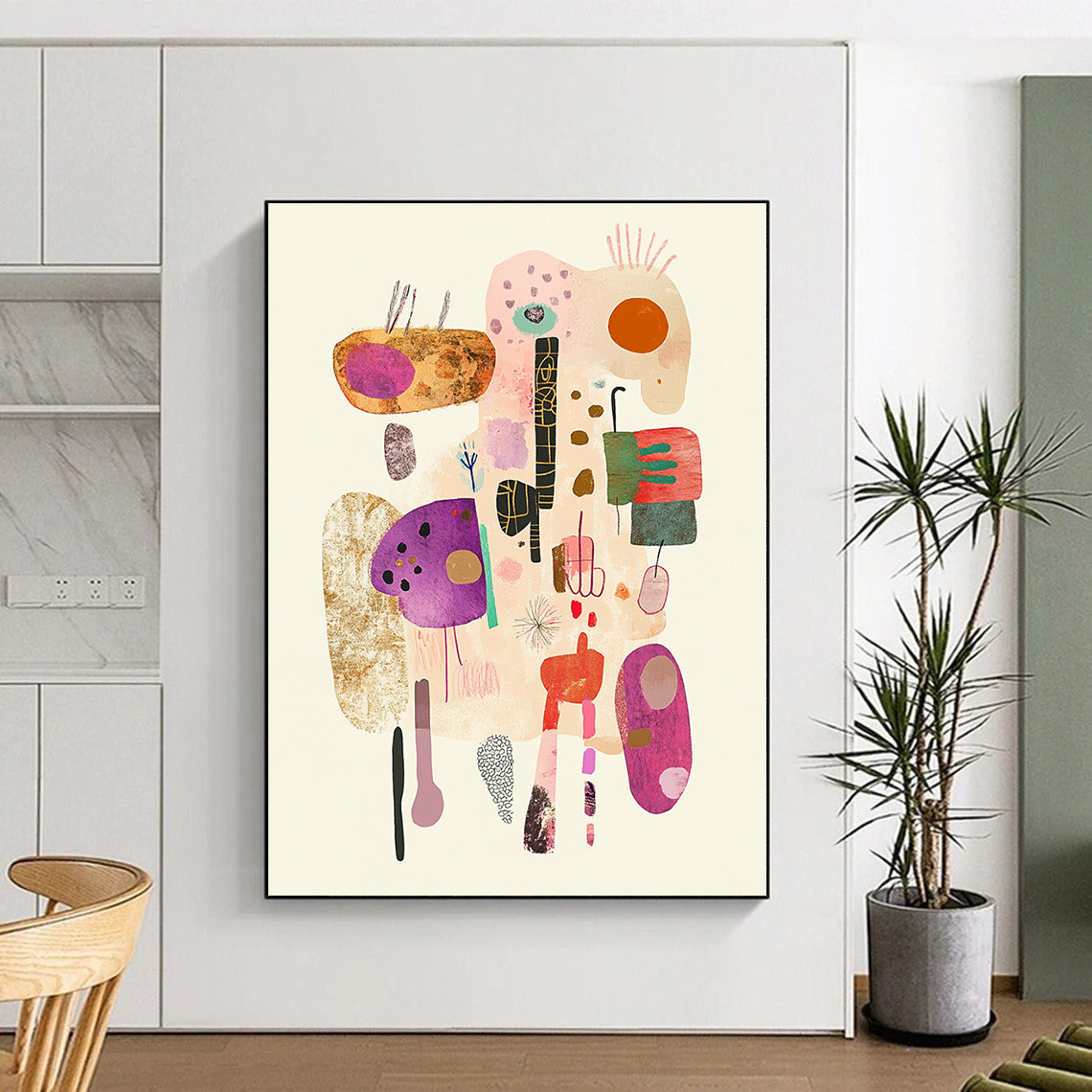 Large abstract illustration featuring soft pastel colors and simple line drawings with whimsical hand-drawn elements on a textured white background.STSC1322