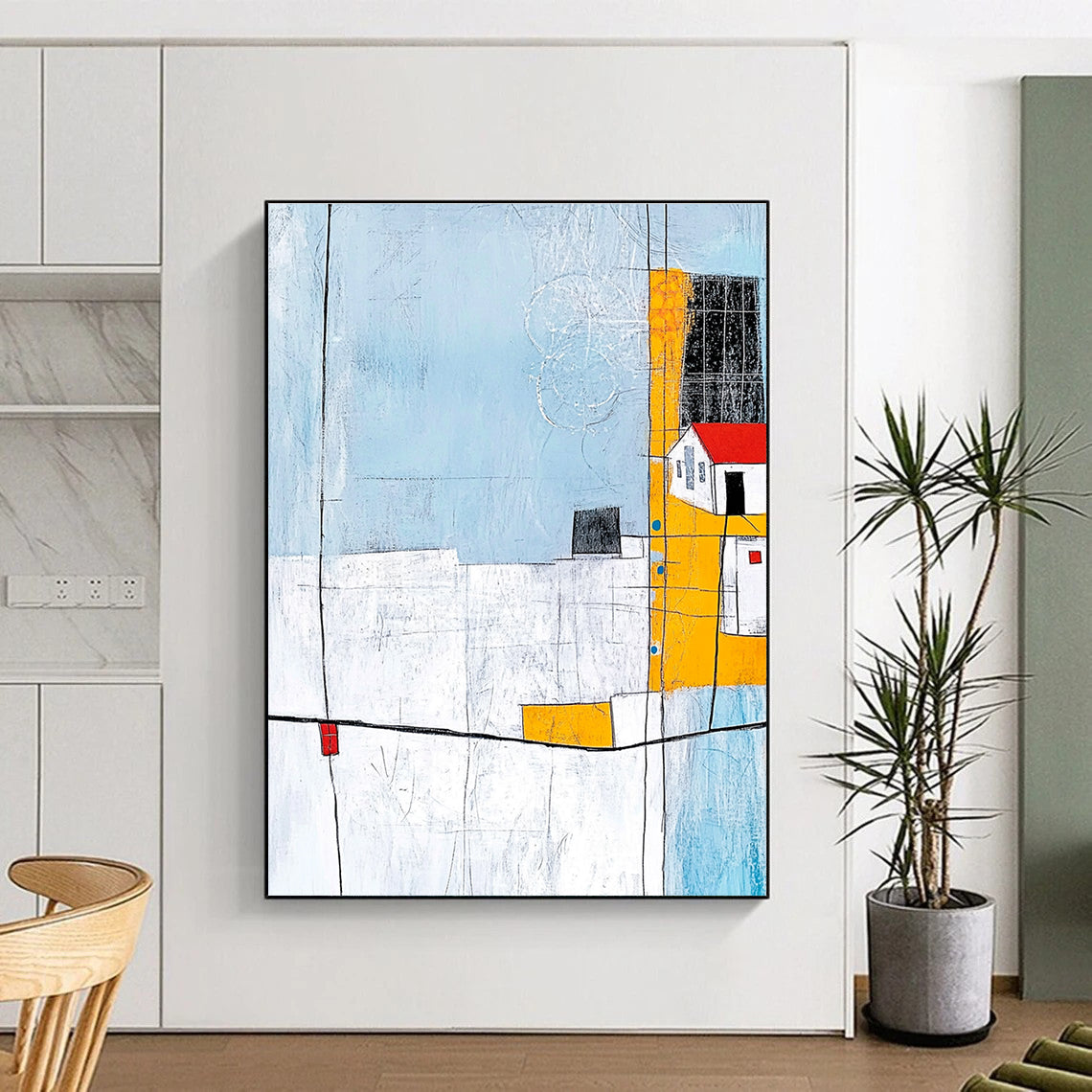 Abstract painting featuring soft lines and shapes with a light blue grey background and minimalistic house illustration in the corner.STSC688